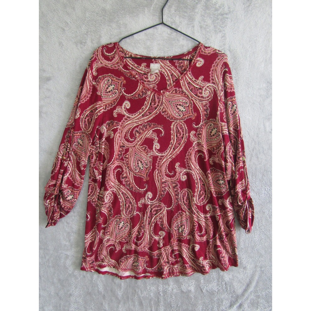 Chicos Zenetry Paisley Print 34 Sleeve Tunic Top Women Red